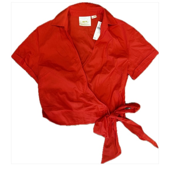 Anthropologie Maeve Red/Orange Cotton Wrap Shirt Size Small. - Picture 3 of 7